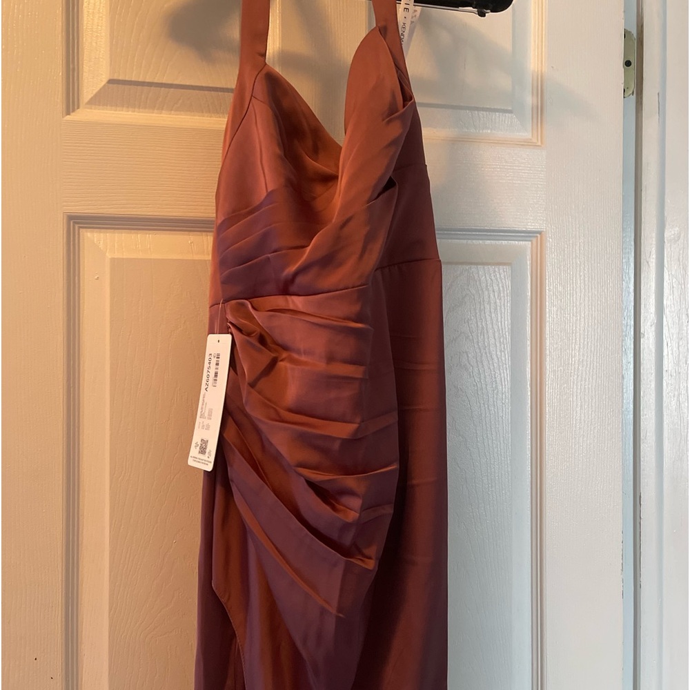 AZIZA KENDALL + KYLIE Sheath Pleated Stretch Satin Floor-Length Dress Amethyst